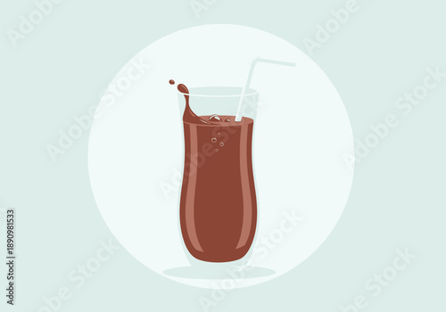 A tall glass filled with chocolate milkshake and straw, splashing drink, front view, cold beverage, sweet treat