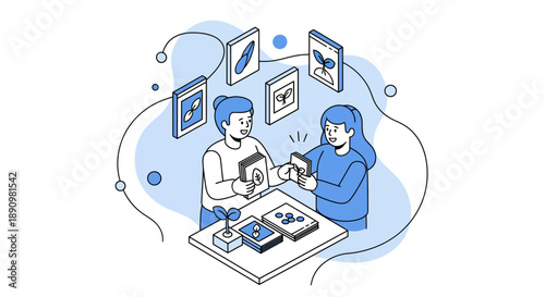 Two people exchanging books and using smartphone at table.