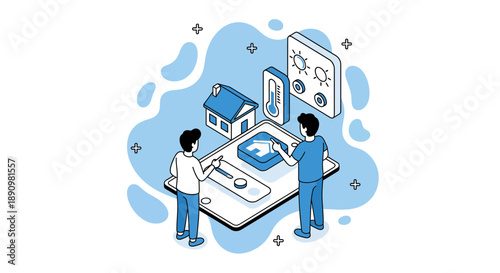 Two people interacting with smart home technology interface.