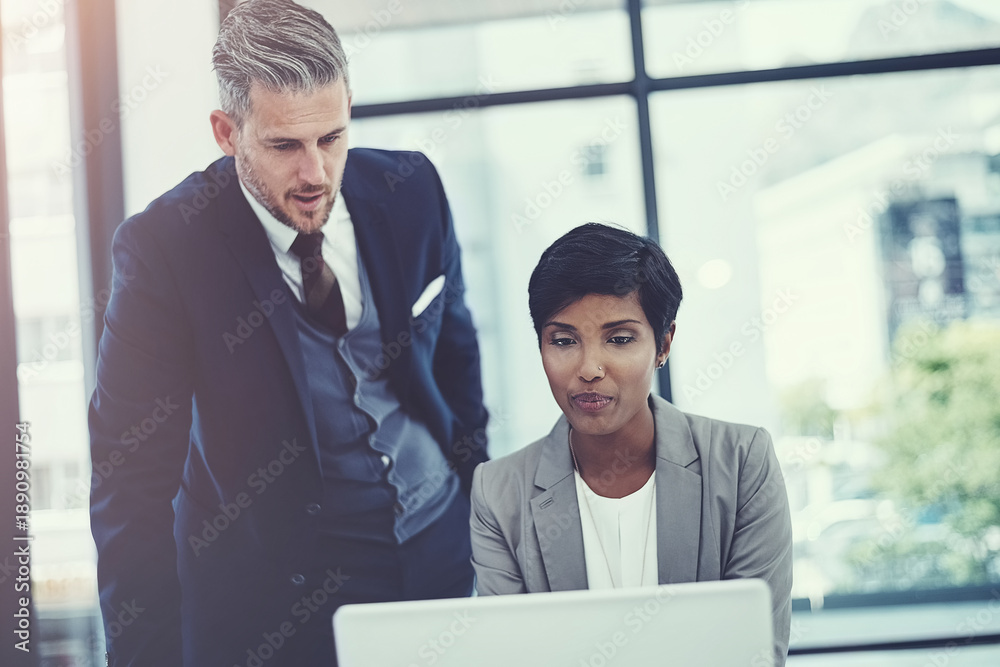 Fototapeta premium Investor, conversation and business people in meeting, laptop or email notification for profit growth. Financial advisor, man or woman in office, pc and discussion for trading opportunity or internet