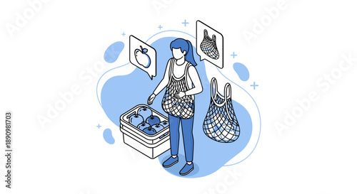 Woman selecting fresh produce with reusable shopping bag illustration.