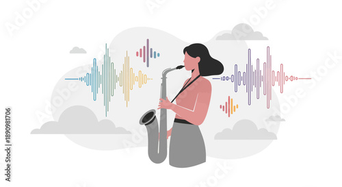Woman playing saxophone with musical sound waves illustration.