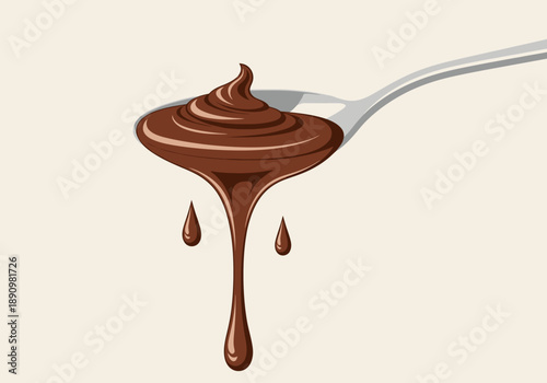 Chocolate sauce dripping from a spoon into the air, viewed from a close-up perspective
