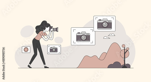 Woman Taking Photographs with Camera Outdoors.