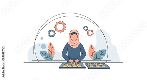 Woman Wearing Hijab Working with Documents and Gears Illustration.