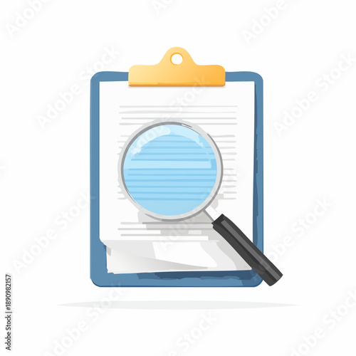 Magnifying glass over document, research and analysis, data inspection, information gathering, finding facts, studying details