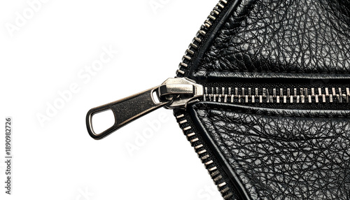 Close-up of a black leather surface with a silver zipper partially open, revealing texture