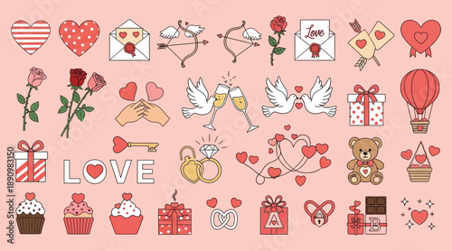 Valentines day elements illustrations vector set. Cute cartoon clipart for day of lovers.