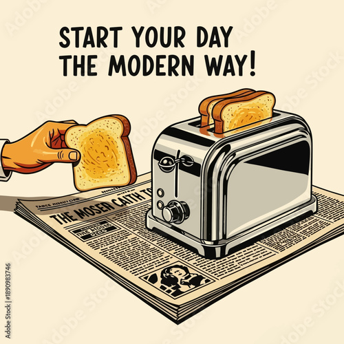 Modern Breakfast: Hand placing toast in toaster, newspaper below