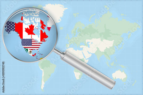 International Focus on North America Map. Magnifying Glass Zooming on North America Map with Flags.