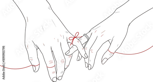 Two hands joined by a delicate red string around the pinky fingers symbolizing an unbreakable bond of destiny or deep connection.