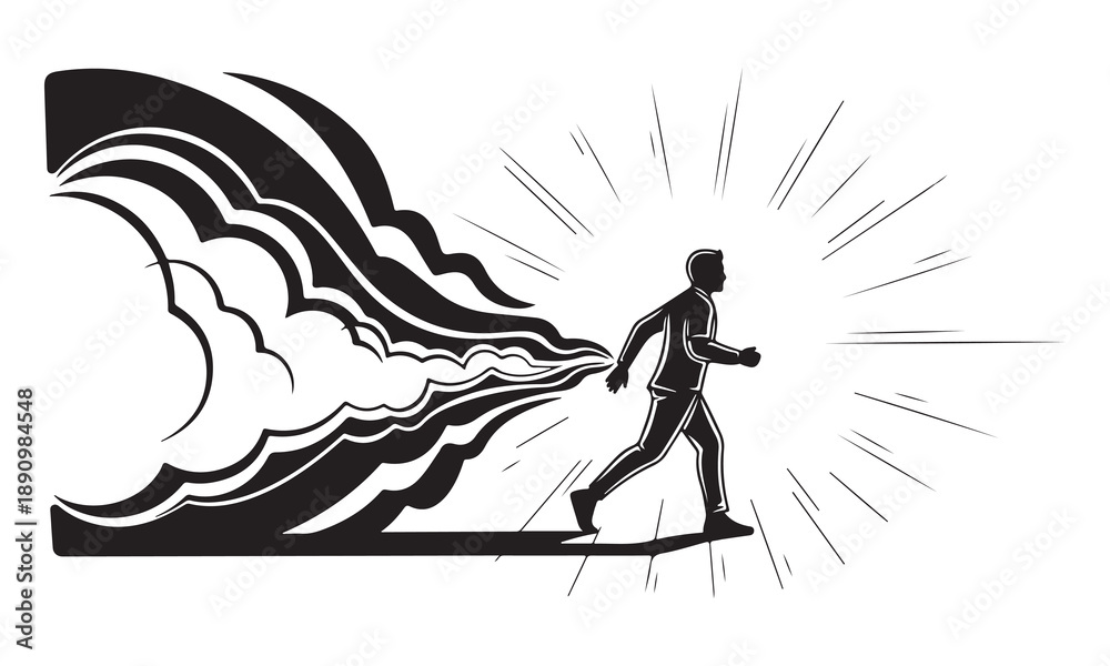 Fototapeta premium Businessman running with energy burst black and white illustration