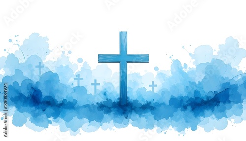 Blue watercolor religious background with Easter cross vector illustration isolated on white background