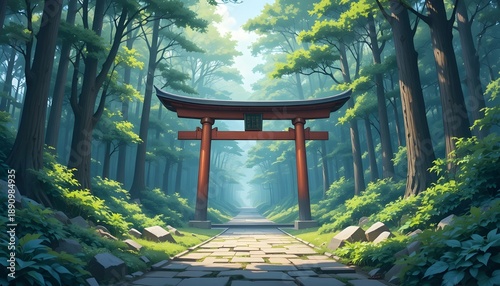Torii forest daytime anime background illustration with serene atmosphere and traditional Japanese scenery