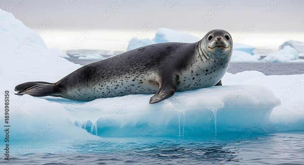 Naklejka premium Leopard Seal Resting on an Ice Floe in the Antarctic Ocean.