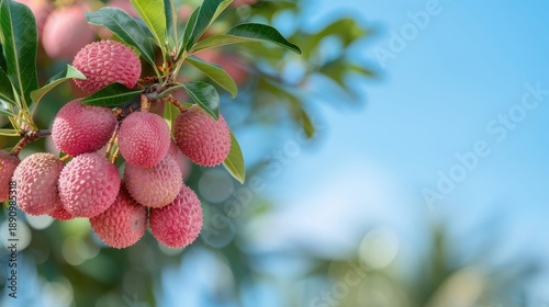 Lychee tree with ripe fruits hanging from branches under a clear blue sky, showcasing a bountiful harvest.