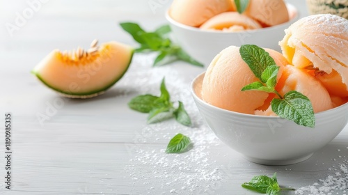 Cantaloupe-themed dessert, such as cantaloupe sorbet with fresh slices as garnish, set against a clean background.