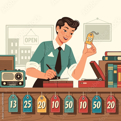 Retro shopkeeper with price tags and vintage items