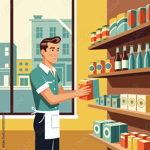 Smiling grocer stocking shelves with products in a vintage-style store.