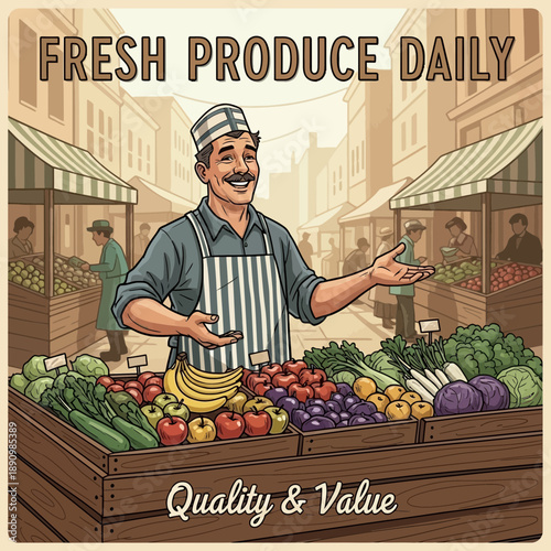 Smiling Vendor At Fresh Produce Market Stall With Fruits & Vegetables