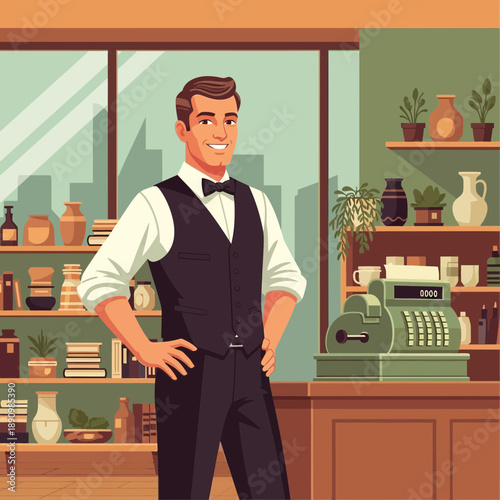 Smiling Male Shopkeeper in Vintage Clothing with Cash Register