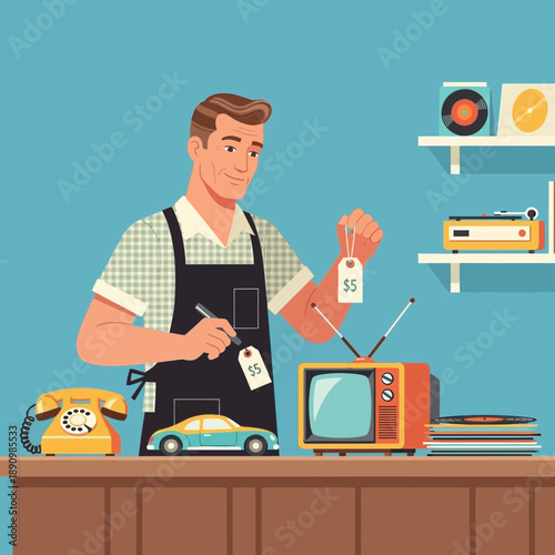 Man selling vintage items at flea market, retro electronics, toys, records