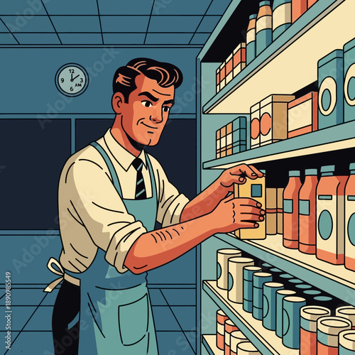 Man stocking shelves in a grocery store, retro style