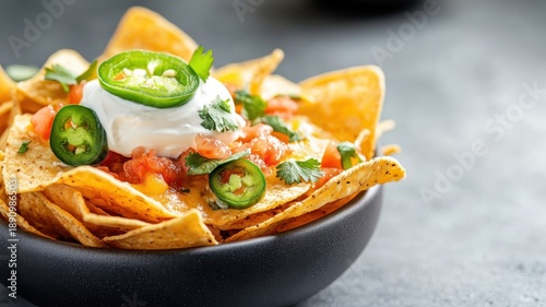 A close-up of crispy nachos loaded with melted cheese, jalapeños, sour cream, and fresh salsa, garnished with cilantro.