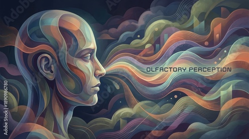 Nose with abstract waves for olfaction concept. A vibrant illustration of olfactory perception and human essence.