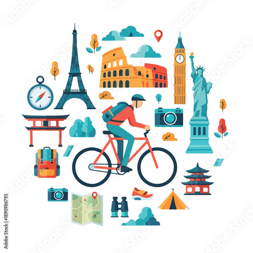 A vibrant digital illustration of a cyclist surrounded by iconic landmarks and travel symbols, conveying an active lifestyle. Perfect for travel brochures, adventure websites, and tourism