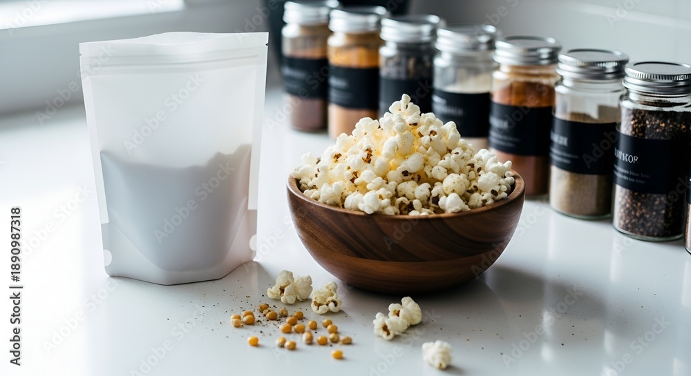 custom made wallpaper toronto digitalDelicious Popcorn in a Wooden Bowl with Seasonings and Kernels on a White Countertop.