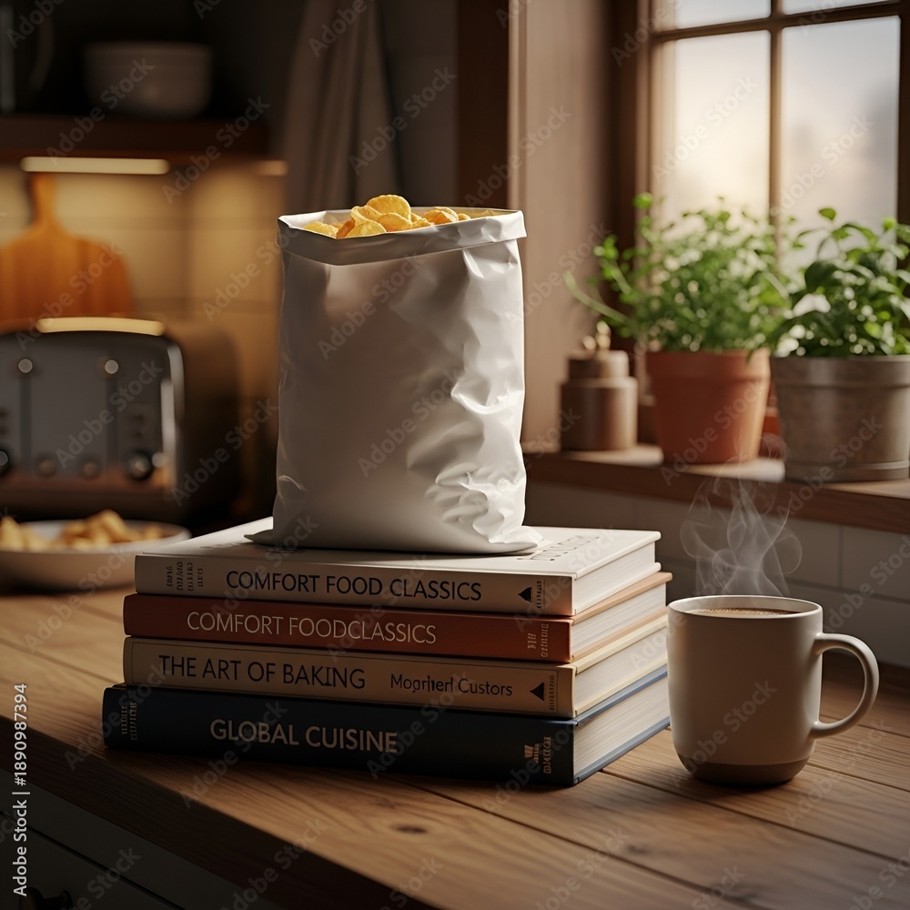custom made wallpaper toronto digitalCozy Kitchen Scene with Books, Coffee, and Snacks by a Sunny Window.