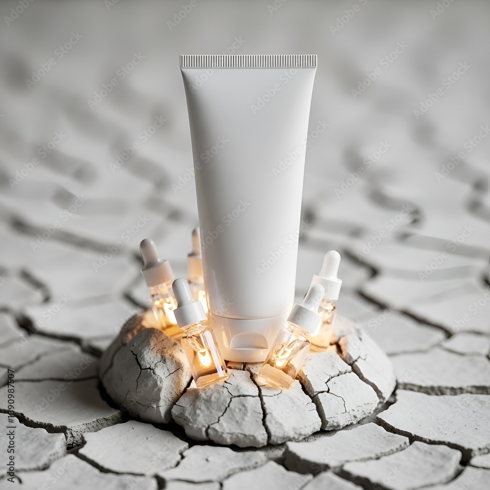 custom made wallpaper toronto digitalSkincare product on cracked earth symbolizing hydration and relief for dry skin.