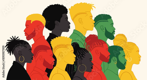 Diverse Group of People in Profile Silhouette Celebrating Black Culture and Identity with Vibrant Colors