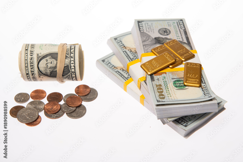 Fototapeta premium Inflation gold bar. Inflation gold. Inflation coins. Inflation in investment with dollar economy and crisis risk.