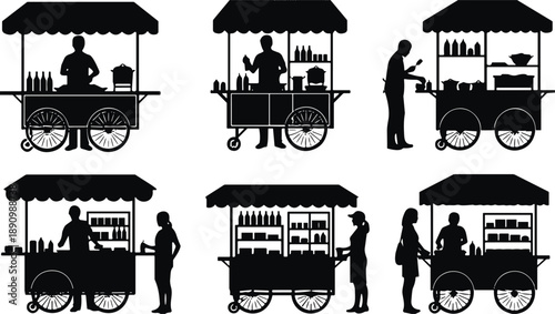 street food silhouette, vendor cart, mobile food stall, black and white, food service, urban snack, street culture, food truck, silhouette artwork,