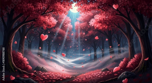 A magical fantasy forest bathed in soft moonlight, with vibrant pink and red trees shedding heart-shaped leaves onto a misty, enchanting path, creating a romantic dreamscape.