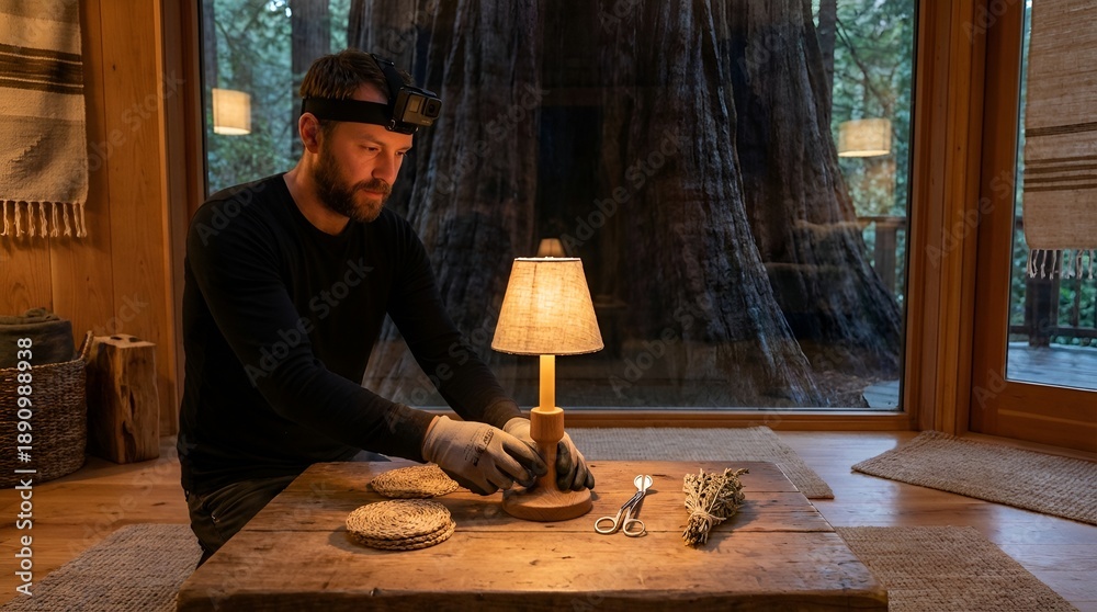 custom made wallpaper toronto digitalMan working on a craft project under a warm lamp in a cozy wooden cabin with a large window overlooking a forest.