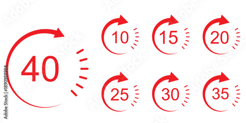 Second timer, clock, stopwatch, Countdown timer, cooking time icon set. 5, 10, 15, 20, 25, 30, 35, 40, 45, 50, 55, 60 second dial. Colorful isolated set, symbol. Vector illustration