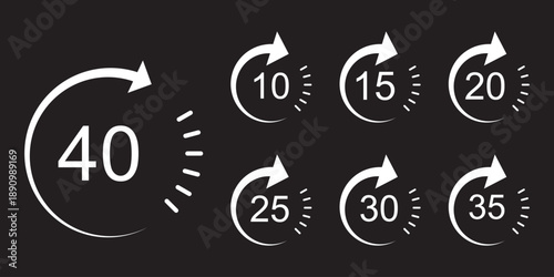 Second timer, clock, stopwatch, Countdown timer, cooking time icon set. 5, 10, 15, 20, 25, 30, 35, 40, 45, 50, 55, 60 second dial. Colorful isolated set, symbol. Vector illustration