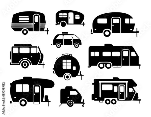 Collection of black silhouette camping trailers and R Vs a white background caravan vehicle