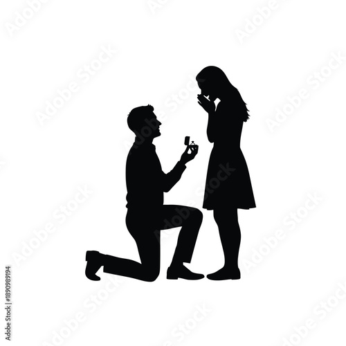 Silhouette of a man proposing to a surprised woman with an engagement ring