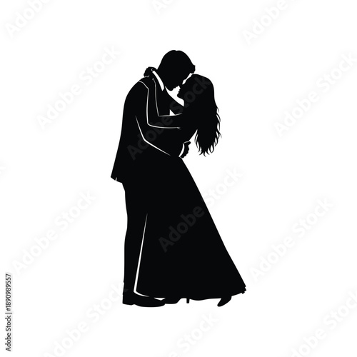 Silhouette of a romantic couple hugging and dancing isolated on white background