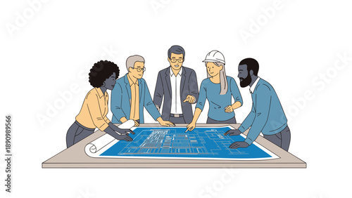 Diverse team collaborating on large blue architectural plan on table in meeting