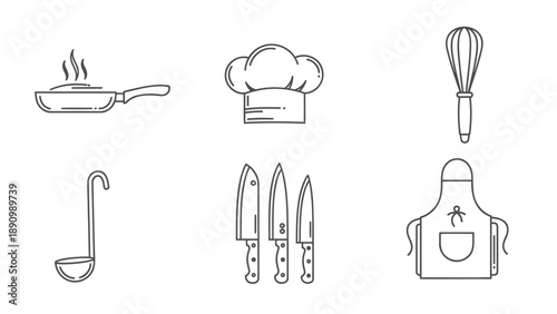 Cooking essentials line icons set including chef hat apron frying pan whisk ladle and knives on white background