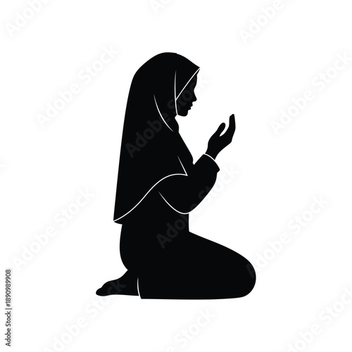 Silhouette of a Muslim woman in hijab praying and making dua isolated on white background