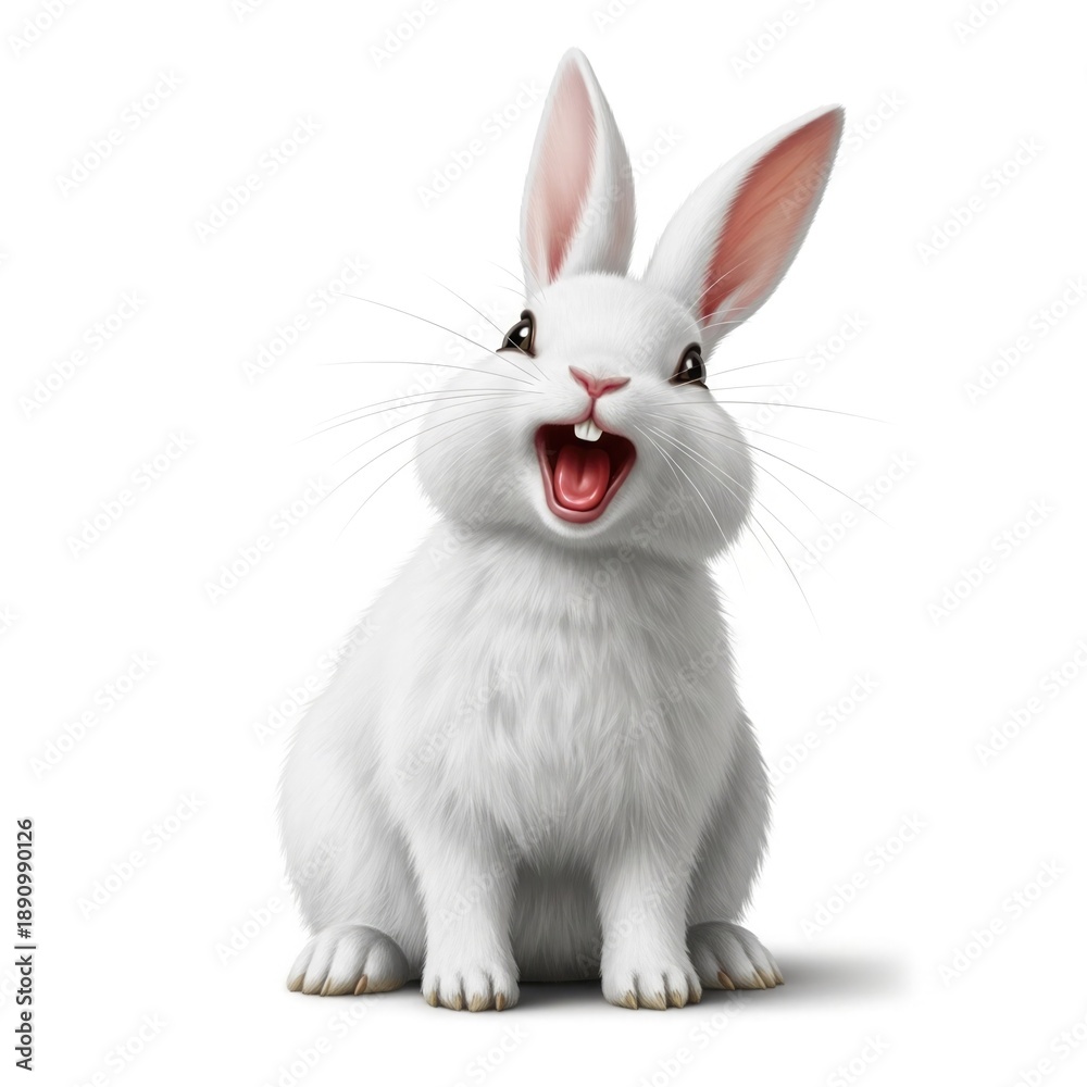 Fototapeta premium Cute white rabbit with open mouth and big ears on white background