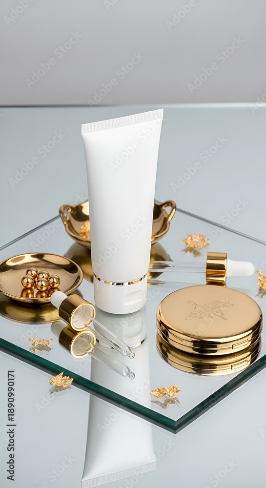 custom made wallpaper toronto digitalLuxury Skincare Products Displayed on Mirrored Surface with Gold Accents.