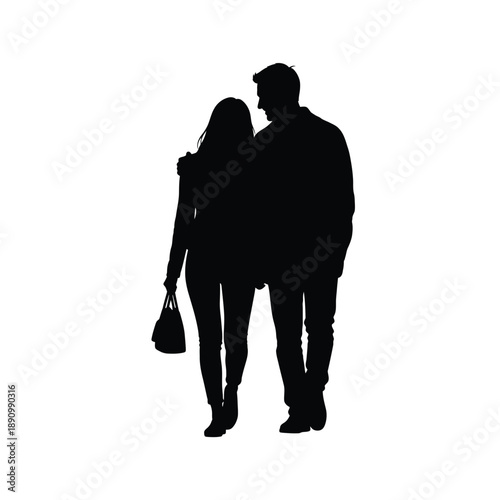 Full length silhouette of a young couple walking together isolated on white background