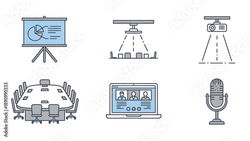 Business presentation equipment icons including projector screen conference table laptop and microphone for meetings and lectures